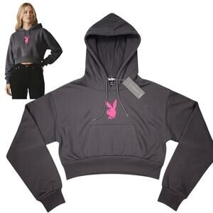 Playboy Cropped Hoodie Womens Small Sweatshirt Gray Pink Bunny Logo Cotton Blend